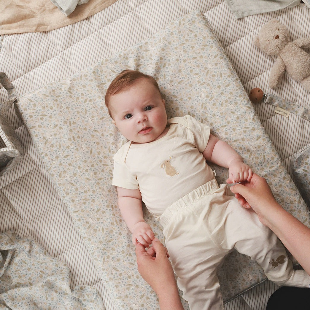 Baby lying on a changing cushion in nature trail cover