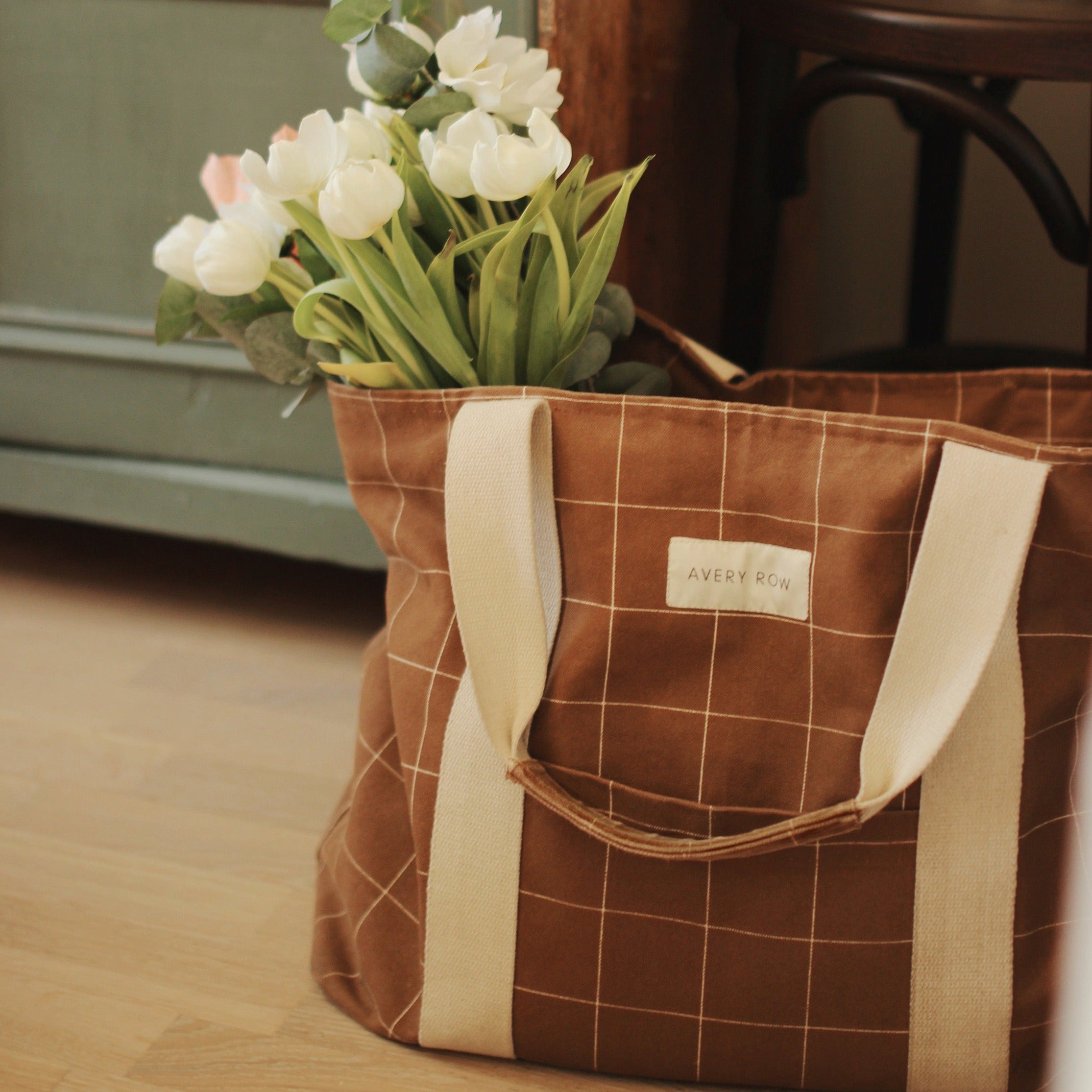 Canvas Tote Bag - Window Pane, Pecan - Avery Row