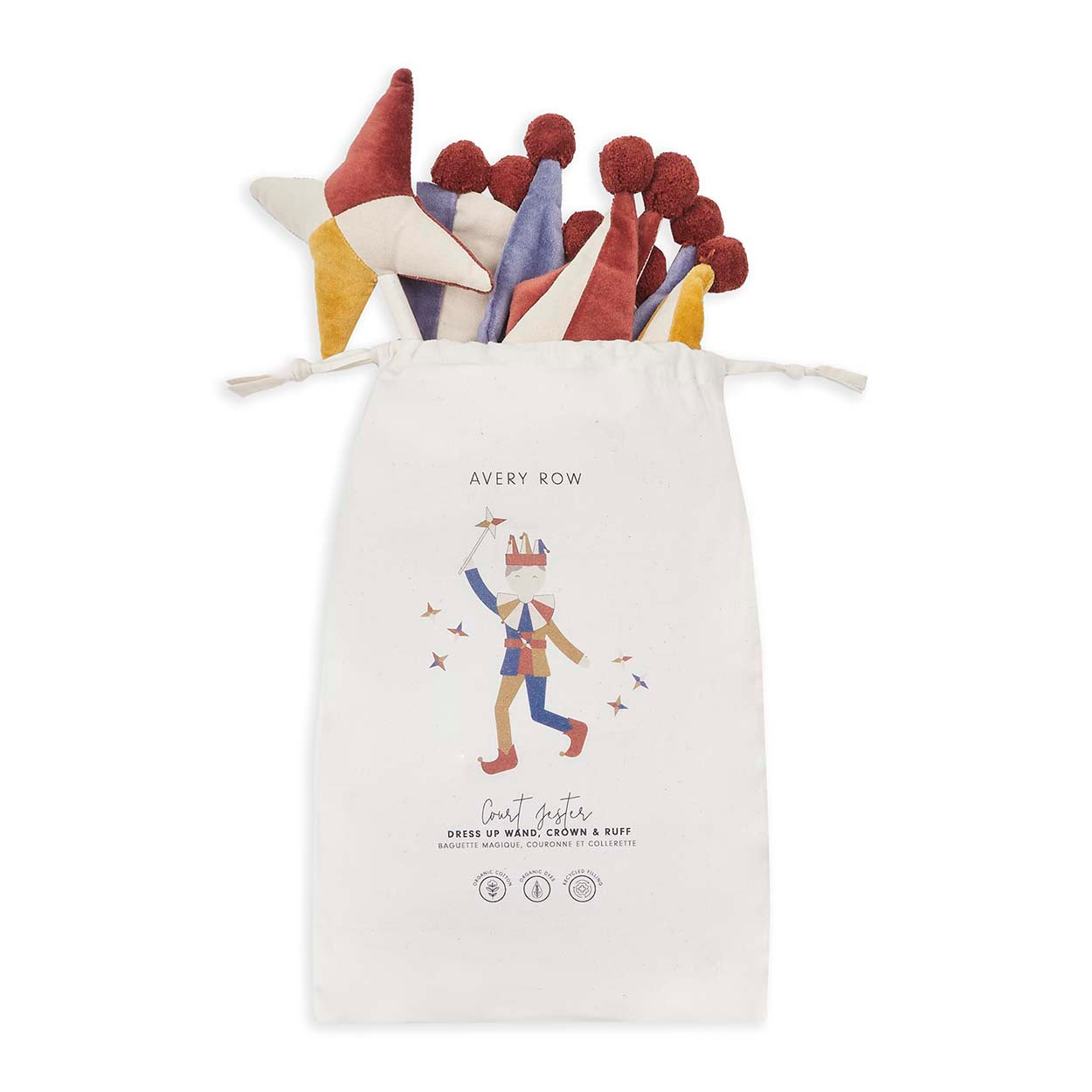 A jester dress up set inside a drawstring gift bag